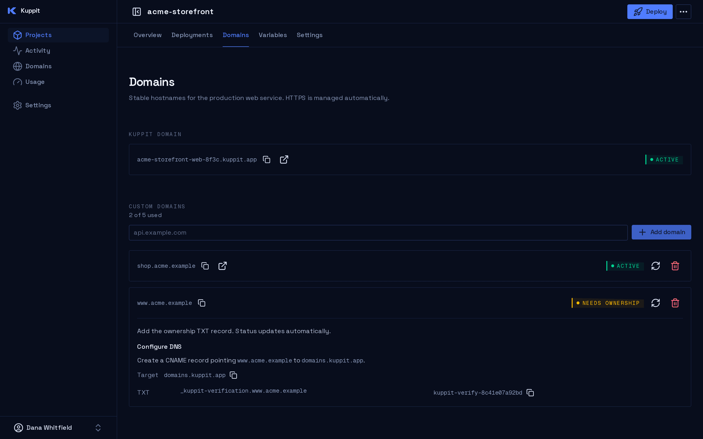 Domain settings showing an active kuppit.app hostname, a verified custom domain, and a third domain waiting on its DNS ownership record.